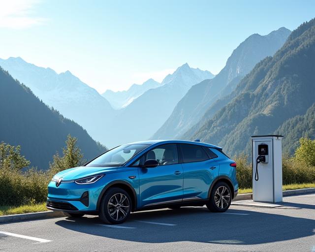 An electric vehicle charging at a station with the Austrian Alps in the background.